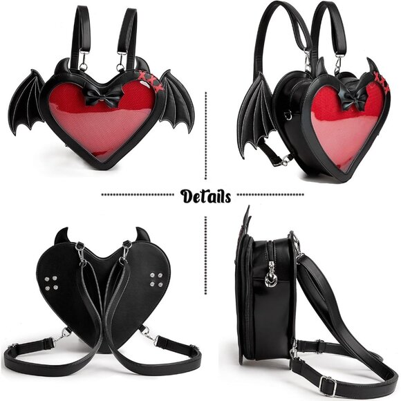 Gothic Heart Shaped Ita Bag with Bat Wings Backpack and Crossbody Purse - Picture 8 of 9